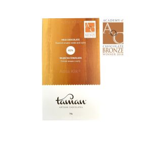Naruči dostavu Taman Artisan Chocolates Hand made Pečeni sezam i curry Mliječna čokolada 41%, 50g ~ Academy of Chocolate award 2018 Bronze Egzotična kombinacija mliječne čokolade povećanog udjela kakaa s pečenim sjemenkama sezama i pikantnom curry mješavinom začina.