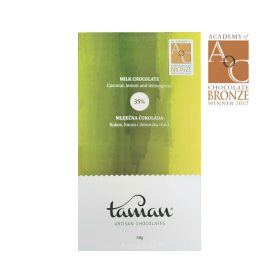 TAMAN ARTISAN CHOCOLATE ~ Academy of Chocolate award 2017 Bronze ~ Slatko-kisela kombinacija mliječne čokolade obogaćene komadićima kokosa u kombinaciji s blago kiselim okusom limuna i osvježavajućim notama limunske trave. Taman Artisan Chocolates