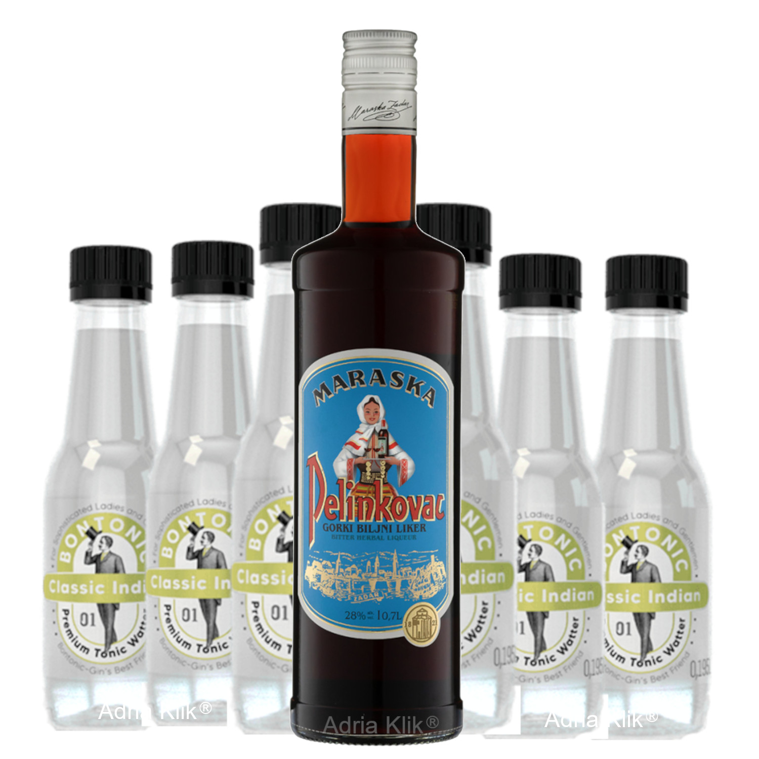 100% Hrvatski PT mix - Pelinkovac 0,7 l Maraska Zadar + 6 x Premium Tonic Water Classic Indian 0,195l Bontonic za profinjene dame i gospodu. Tradicionalni Hrvatski liker