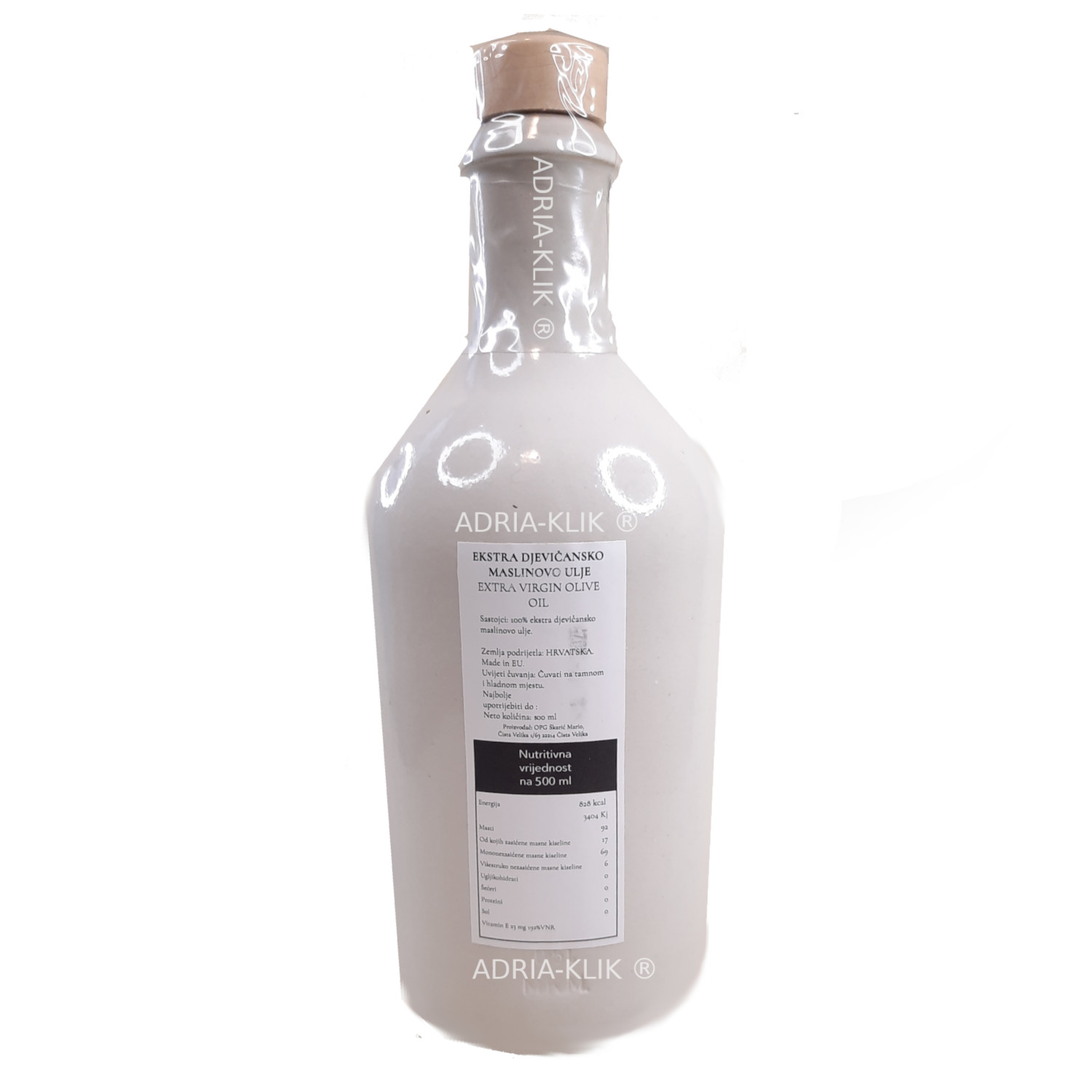 100% Ekstra djevičansko maslinovo ulje u pomno pakiranoj keramičkoj boci 500 ml. OPG Škarić Mario, Čista Velika, Dalmacija - Adria-Klik Eksluzivno