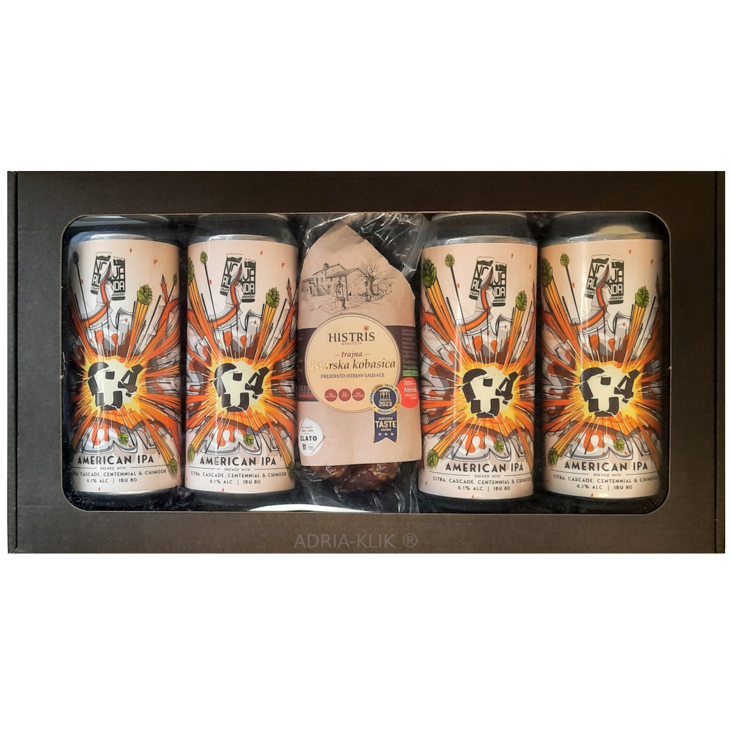 INSANE 7,1 vs. 6,1 Craft beer gift box!Sadrži: 2 x Nova runda C4 s 6,1% Alc. i 2 x Big Foot s 7,1% Alc. Lepi Dečki , Insane kikiriki 100g HOT 5/5 Volimljuto
