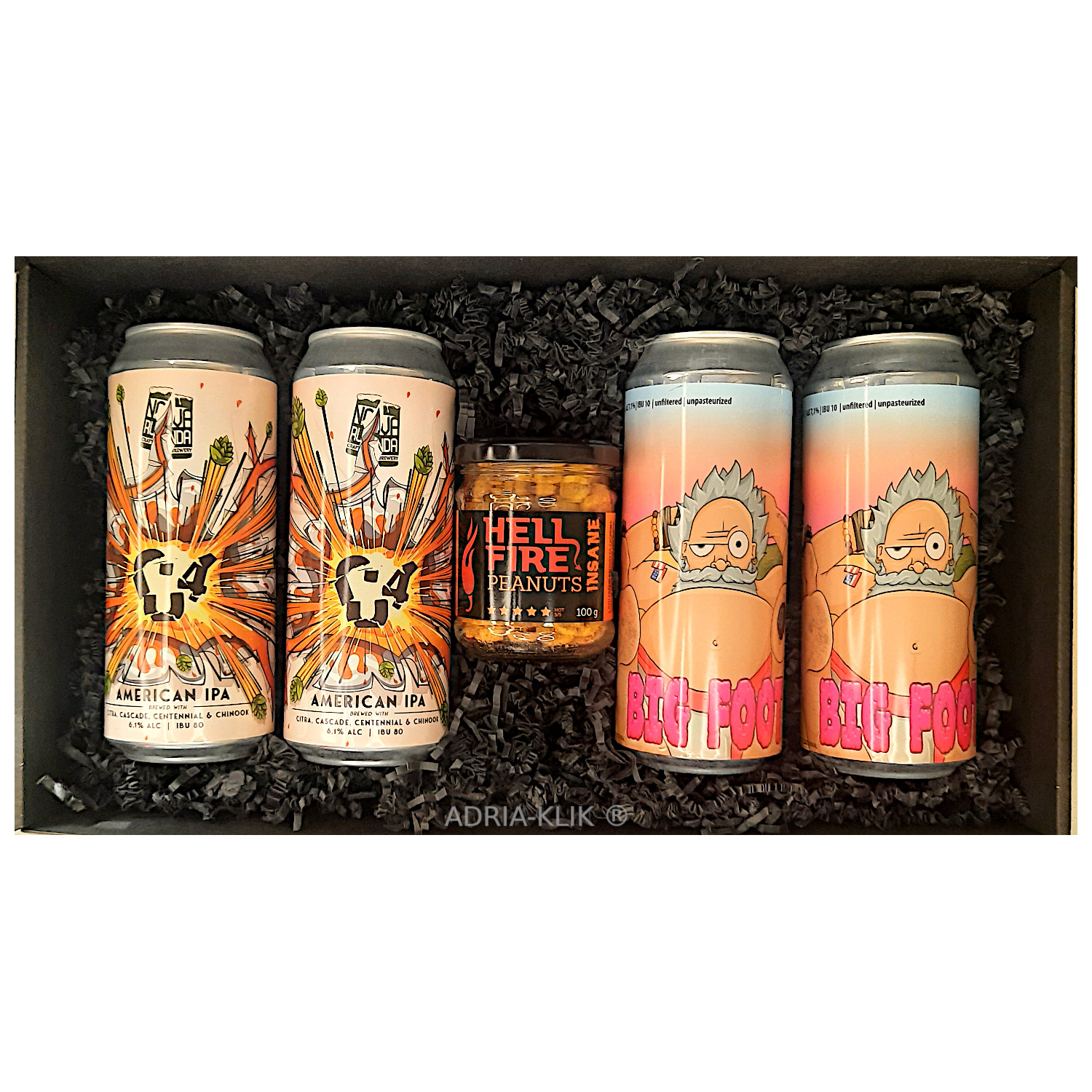 INSANE 7,1 vs. 6,1 Craft beer gift box! Sadrži: 2 x Nova runda C4 s 6,1% Alc. i 2 x Big Foot s 7,1% Alc. Lepi Dečki , Insane kikiriki 100g HOT 5/5 Volimljuto